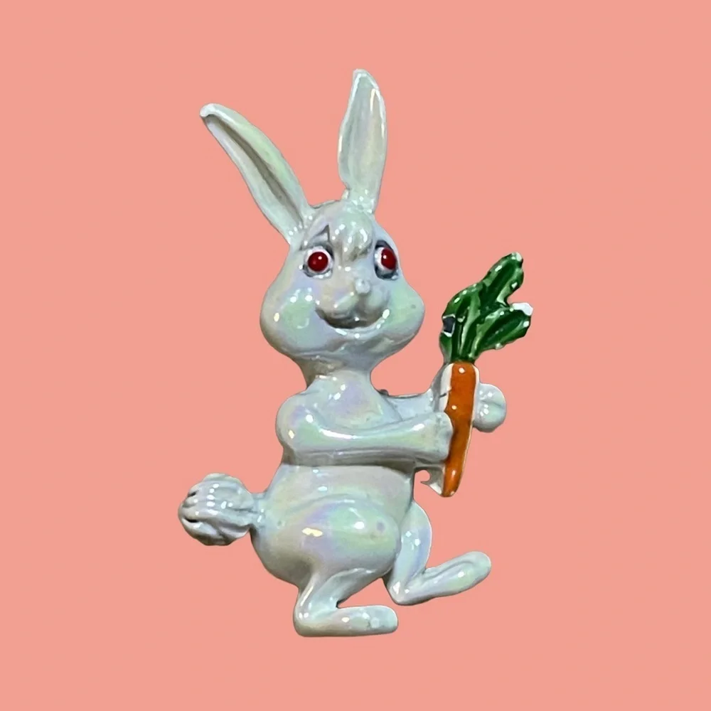 Iridescent White Enamel Bunny Red Eyes Brooch Pin with Carrot Vintage Fun